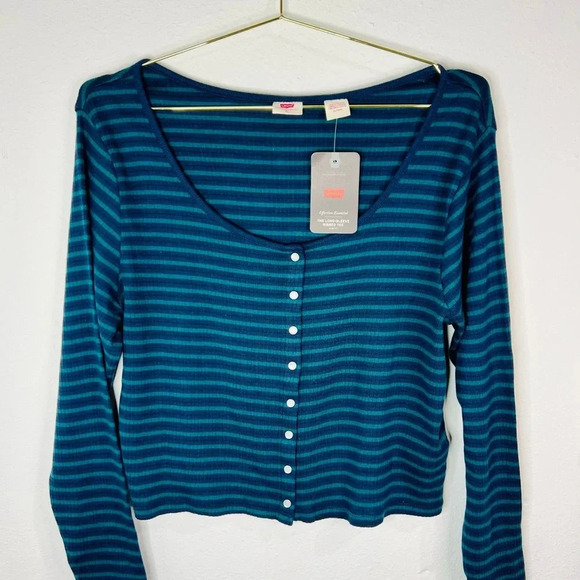 Levi’s Women’s LONG SLEEVE BRITT SNAP FRONT TOP  Green and Navy Stripes Size XL - Picture 6 of 12